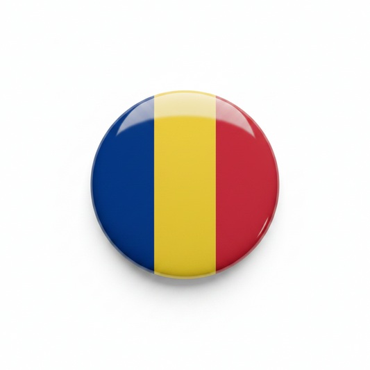 Round badge with the flag of Romania on a white background