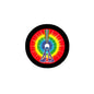 Round pinback button with red-yellow-green chakra design and seated meditation figure