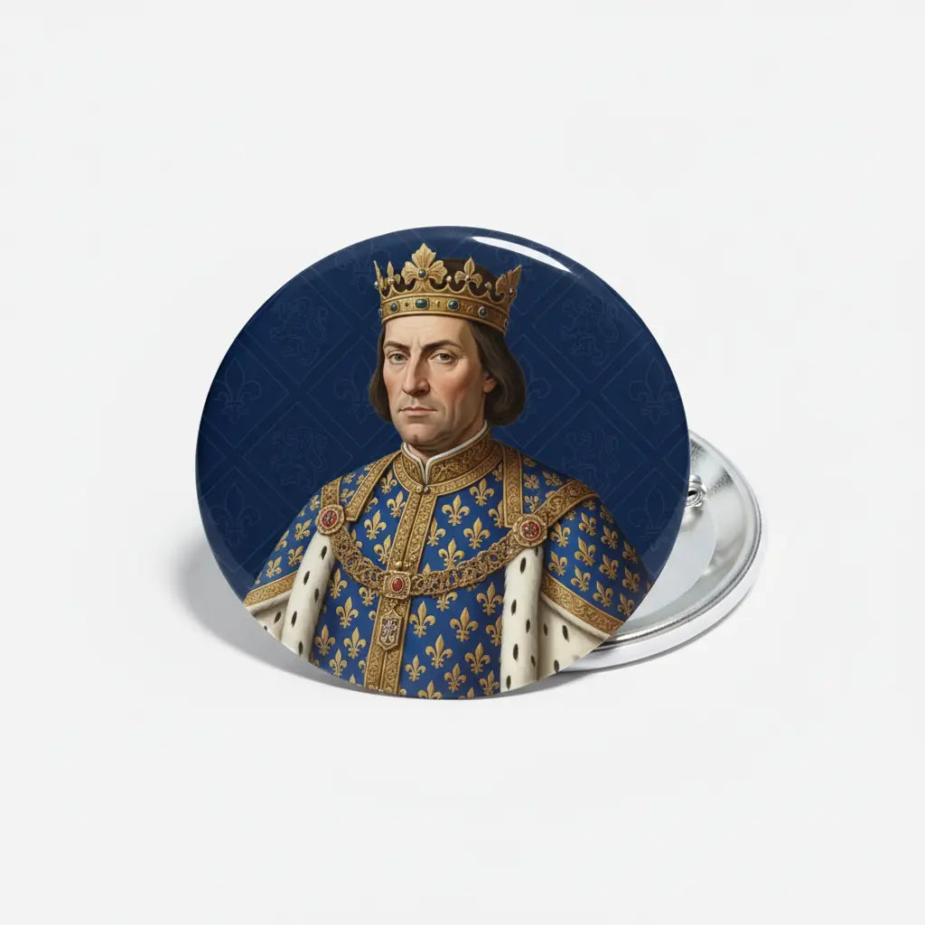 2.25-inch pinback button with crowned king portrait in blue and gold