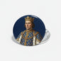 2.25-inch pinback button with crowned king portrait in blue and gold