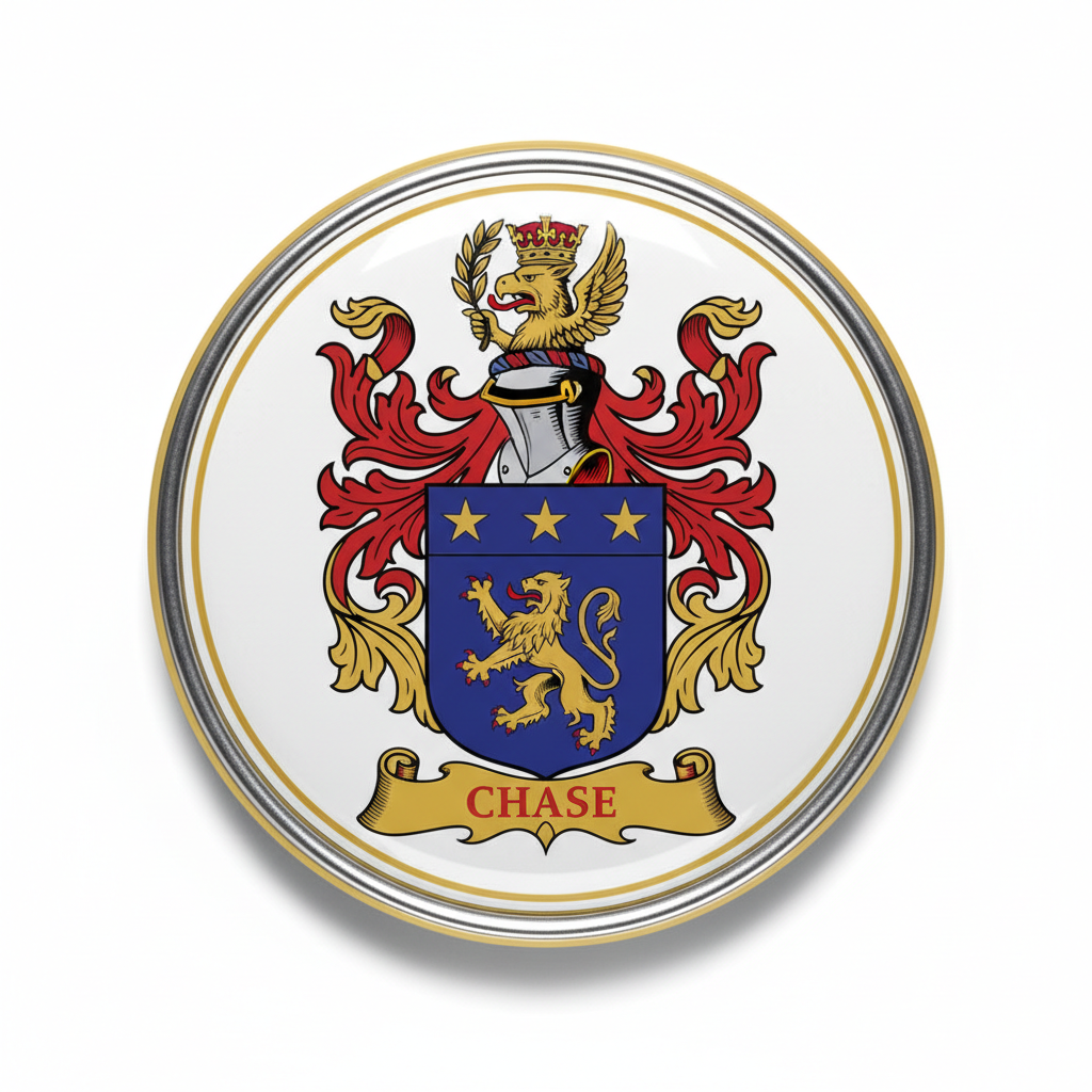 Circular family crest coat of arms pinback with gold rim, crown, lion shield, red scrolls