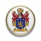 Circular family crest coat of arms pinback with gold rim, crown, lion shield, red scrolls