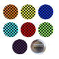 Set of six 1.25-inch checkered pinback buttons, colorful fronts and metal back