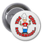 Chef recommends button pin, white circle with chef holding utensils and red text