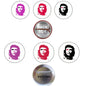 Round Che Guevara pinback button set (6), portrait faces and metal back with safety pin, 'BACK SIDE'