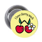 Cherry couple pinback button with yellow cherry artwork and 'I love cherry much' text