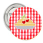 Cherry pie pinback button with red-and-white gingham and red cherries illustration