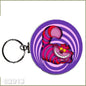 Cheshire Cat bottle opener keychain with purple spiral round charm and metal ring