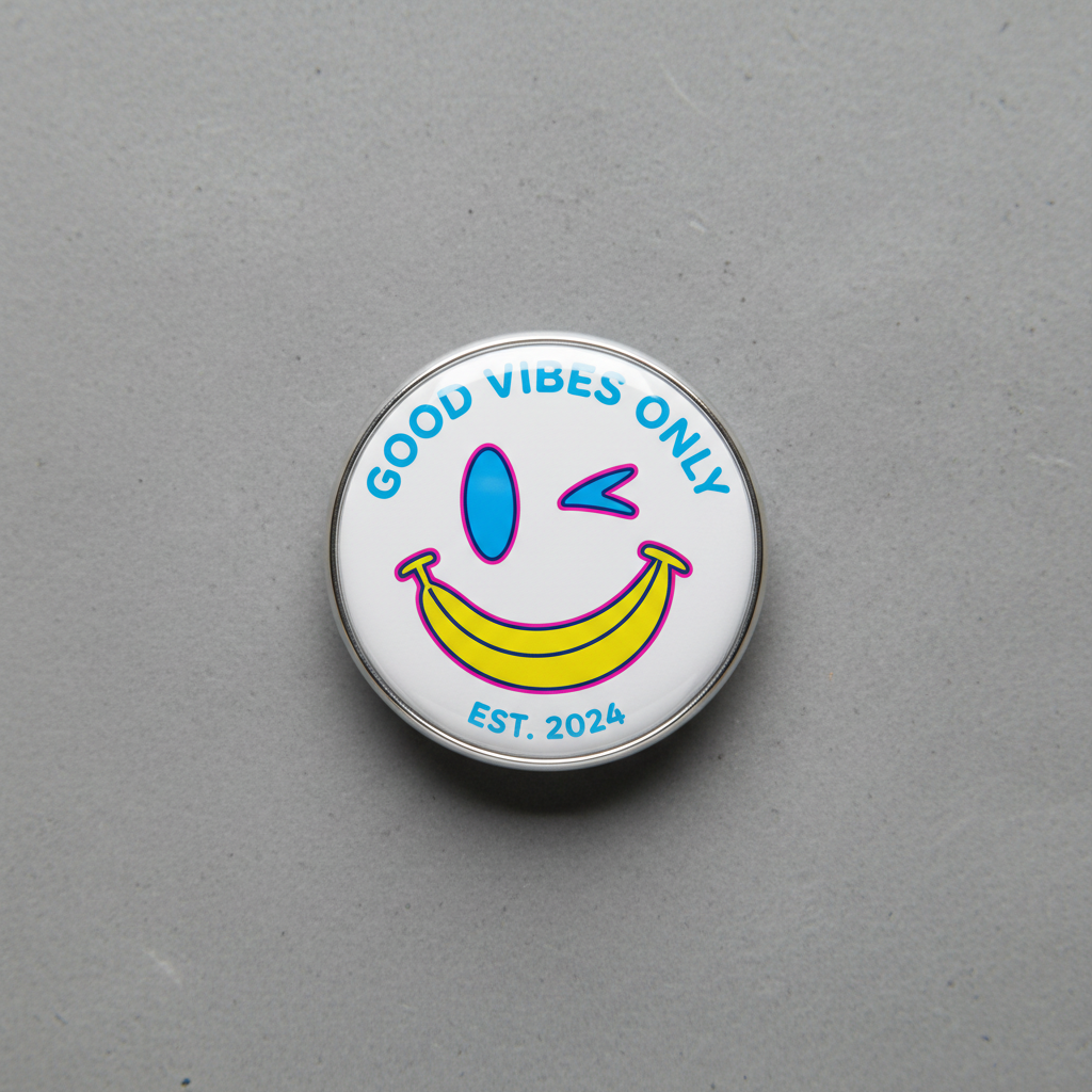 Smiley emoticon pinback button, round silver-tone with colorful “GOOD VIBES ONLY” text
