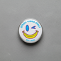 Smiley emoticon pinback button, round silver-tone with colorful “GOOD VIBES ONLY” text