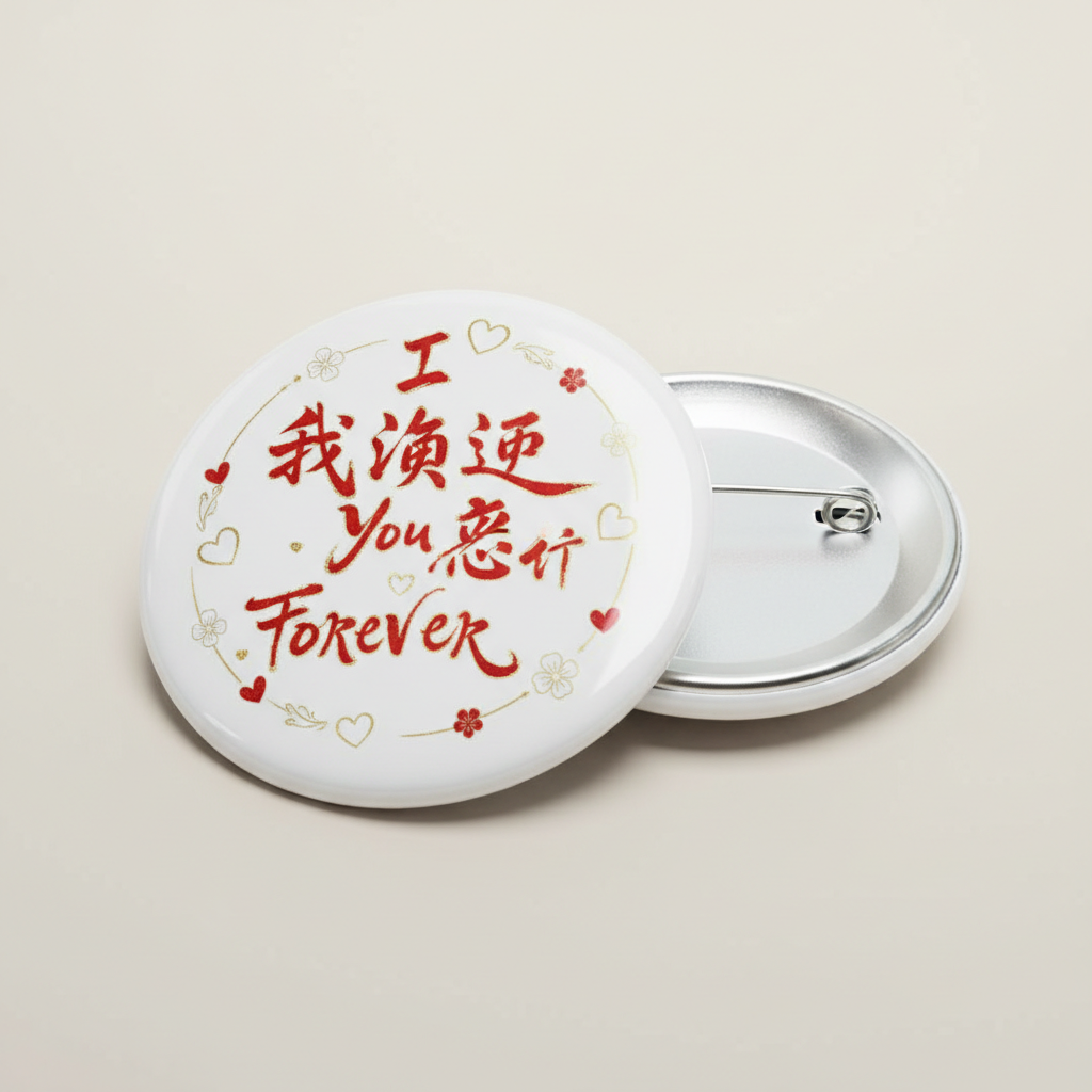 Round pinback button with white face, red heart design and “Forever” text