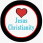 Round religious pinback button with black rim, heart and 'Jesus Christianity' text