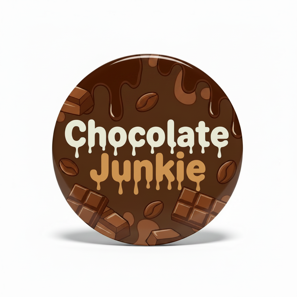 A round pinback button badge featuring a chocolate-themed design with the words 'Chocolate Junkie' in dripping cream and orange lettering, surrounded by chocolate chunks, drizzle, and cocoa beans on a white background.