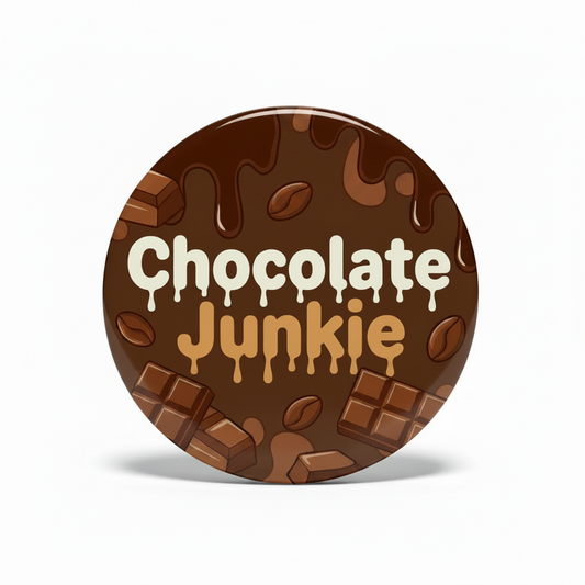 A round pinback button badge featuring a chocolate-themed design with the words 'Chocolate Junkie' in dripping cream and orange lettering, surrounded by chocolate chunks, drizzle, and cocoa beans on a white background.