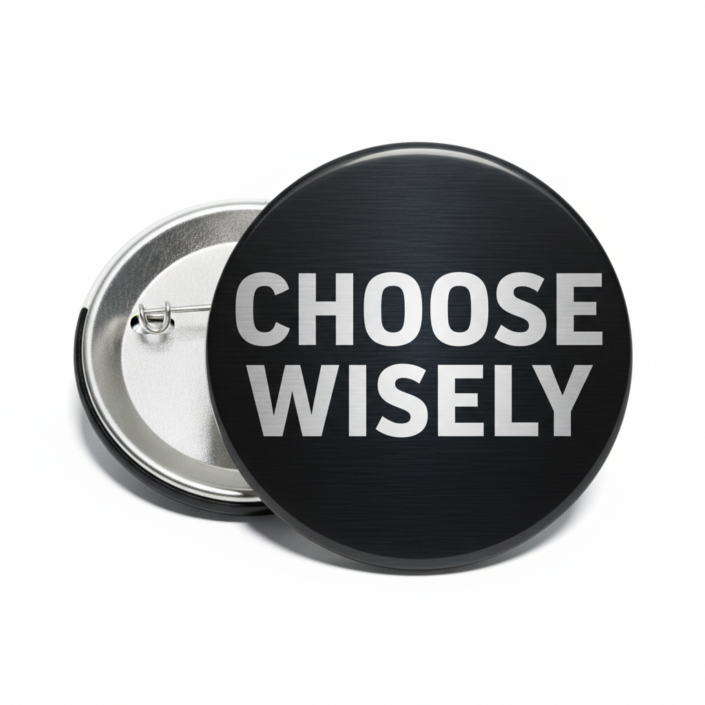 Round pinback button with black face and bold white "CHOOSE WISELY" text