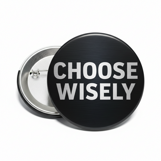 Round pinback button with black face and bold white "CHOOSE WISELY" text