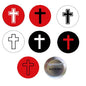 Catholic cross pinback set of 7 round pins: red/black/white fronts with cross, plus back