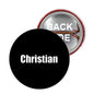1.25-inch black Christian pinback button, round with white text