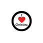 2.25-inch pinback button with black rim, red heart, and 'Christina' on white