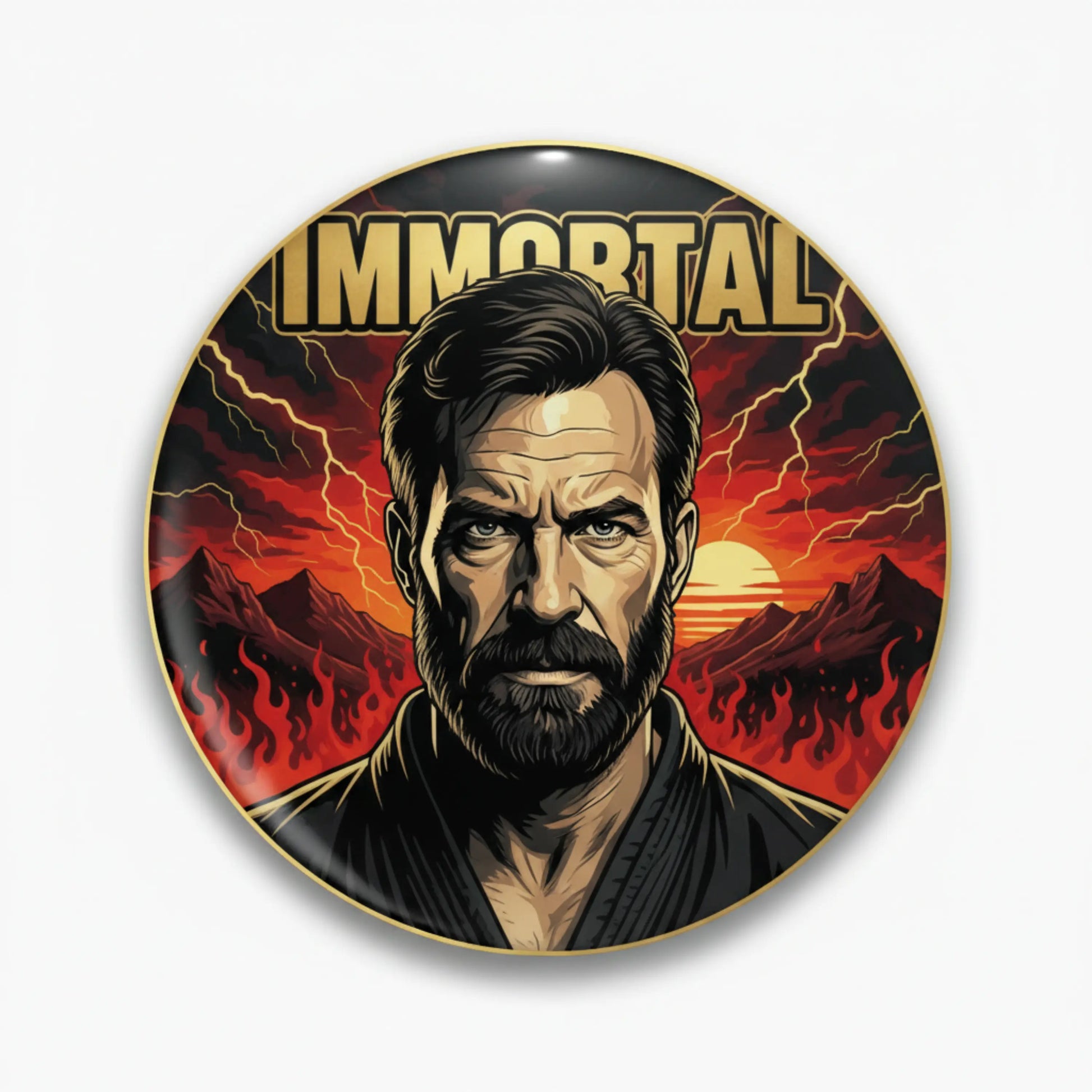 Immortal pinback button, round 2.25-inch with portrait and 'IMMORTAL' text, lightning
