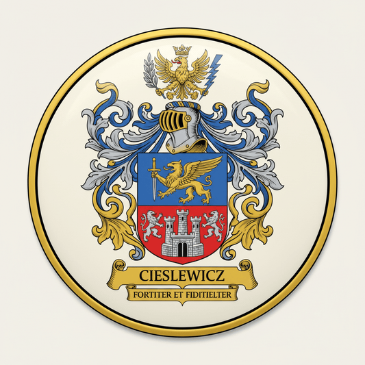 Cieslewicz Family Crest Coat of Arms Pinback 3-inch - My Pinbacks