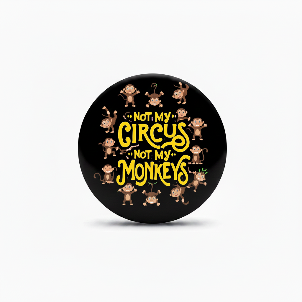 A round black button or badge featuring the text 'NOT MY CIRCUS NOT MY MONKEYS' in yellow, surrounded by small cartoon monkey illustrations, shown on a light gray background.
