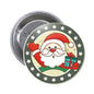 Round Santa pinback button with red-and-white hat, smiling face, stars, holding gifts