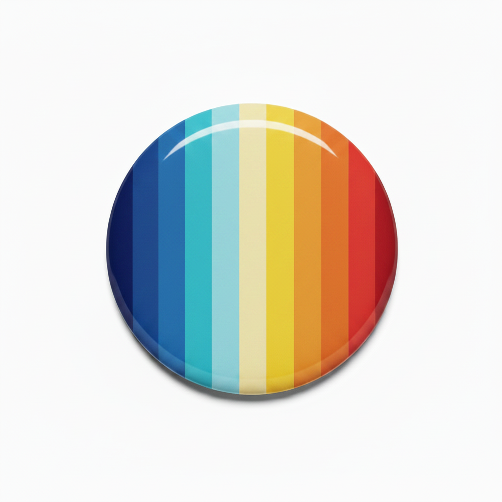 A round pinback button with a glossy rainbow stripe pattern, featuring a silver safety pin on the back, shown against a plain white background.