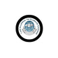 Round pinback button with black rim and white center, text "I'm Allergic to Climate Change".