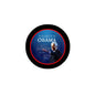 Round black pinback button with Obama portrait, blue center, and 'OBAMA' lettering.