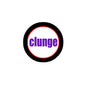 2.25-inch pinback button with black edge and 'clunge' logo in red and purple