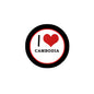 Round Cambodia love pinback button pin, black border with red heart and “CAMBODIA” text