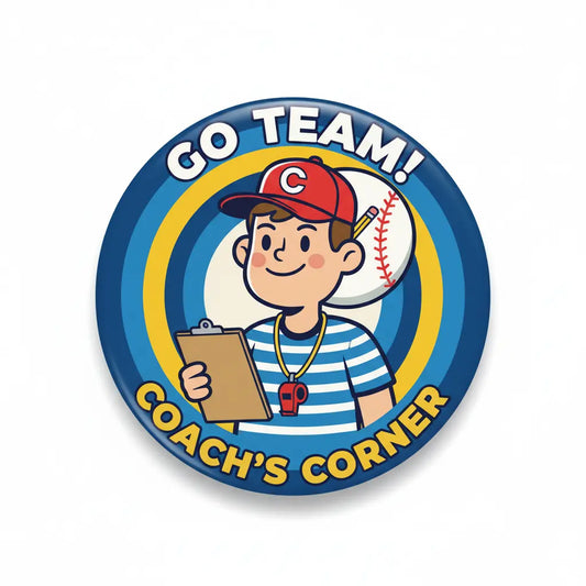 Go Team Coach's Corner graphic with a baseball coach, baseball, and whistle
