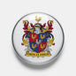 3-inch round metal magnet with colorful family crest shield and banner text