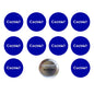 Set of blue round Coexist symbol pinback buttons, with one showing the back clasp