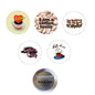 Set of five coffee-themed 1.25-inch pinback buttons, round designs with text and graphics