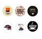Set of 4 coffee-themed round pinback buttons with quotes and cup icons