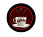 Coffee-themed pinback button with red ring and white coffee cup icon
