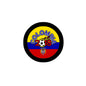 Round Colombia 2018 soccer pinback button with black rim and colorful crest