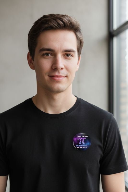 A young man with brown hair is wearing a black crewneck t-shirt with a circular graphic on the left chest. The graphic features a purple and blue galaxy design with the text 'COME TO THE PI' and 'COLUMBUS, OHIO 43211' in white.