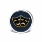 2.25-inch circular pinback badge with navy face and gold comedy/tragedy masks, silver border