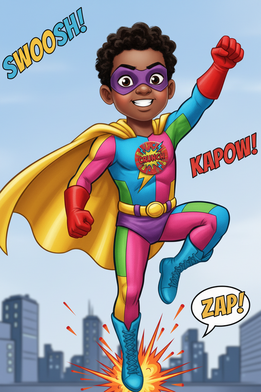 Comic crunch pinback on superhero-style shirt badge, colorful comic speech accents
