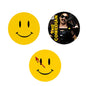 Round pinback button set: yellow smiley faces plus one dark comic design, 1.25 in
