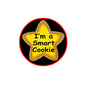 Smart Cookie pinback button, round black with red border and star cookie text