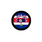 Round Costa Rica 2018 football pinback button with soccer ball crest and flag stripes