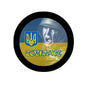 Round pinback button with blue-yellow Ukrainian trident emblem and CourageSoldiers soldier graphic