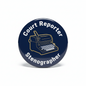 A round pin-back button badge featuring a navy blue background with a gold line drawing of a typewriter and the words 'Court Reporter Stenographer' in white text.