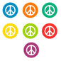 Set of 7 circular peace symbol pinback pins, 1.25-inch, assorted colors