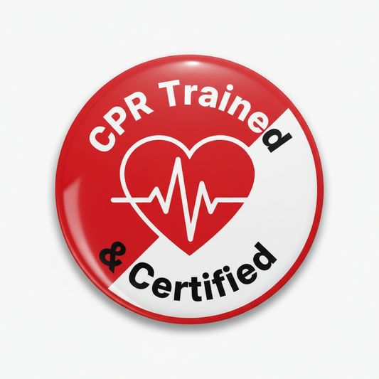 CPR certified pinback button, red round with heart pulse ECG graphic
