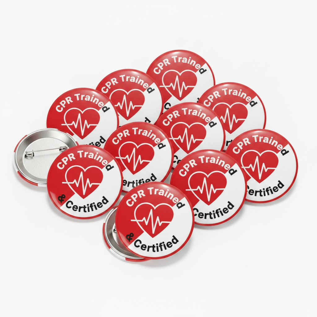A group of round pin-back buttons showing the front and back designs. The front design features a red heart with a white EKG line and the text 'CPR Trained & Certified' in black on a white background.
